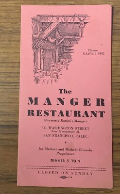 RARE 1943 THE MANGER RESTAURANT SAN FRANCISCO 4 PG DINNER MENU POSTCARD