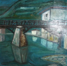 Vintage oil painting expressionist landscape river signed