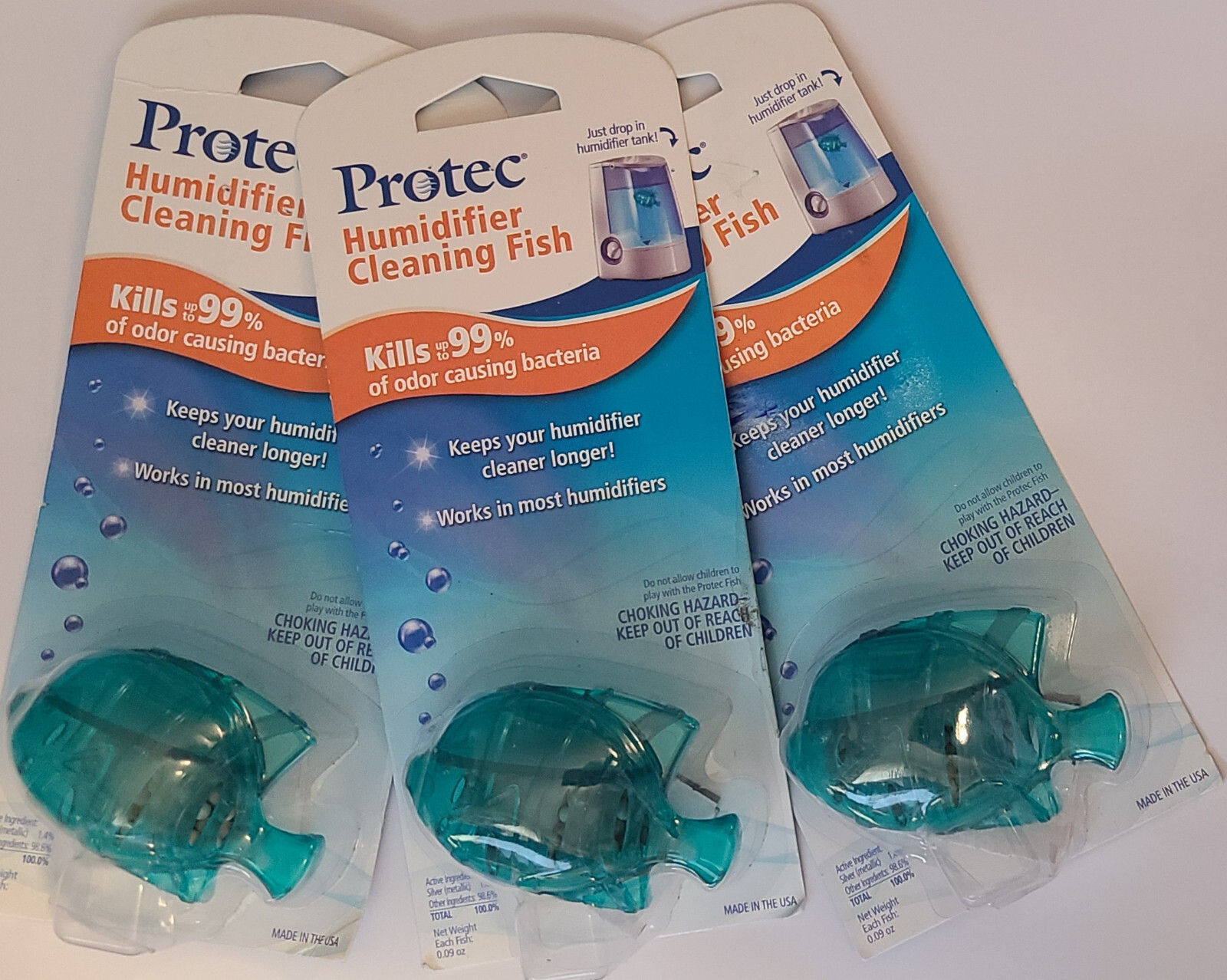 THREE " PROTEC HUMIDIFIER CLEANING FISH" ANTIMICROBILE ODOR REMOVER "NEW/SEALED"