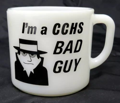 OLD Fire King Anchor Hocking CCHS BAD GUY I Had A Bad Idea Mug Milk Glass Cup