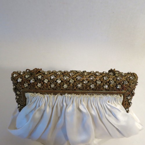 Vintage Antique Purse with Jewel Encrusted Frame Rhinestone White Satin - Picture 6 of 9