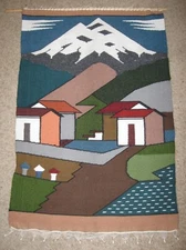 Vintage ECUADOR WOVEN TEXTILE WALL HANGING; Tassels & Dowel Hanger 41 1/2" x 28"