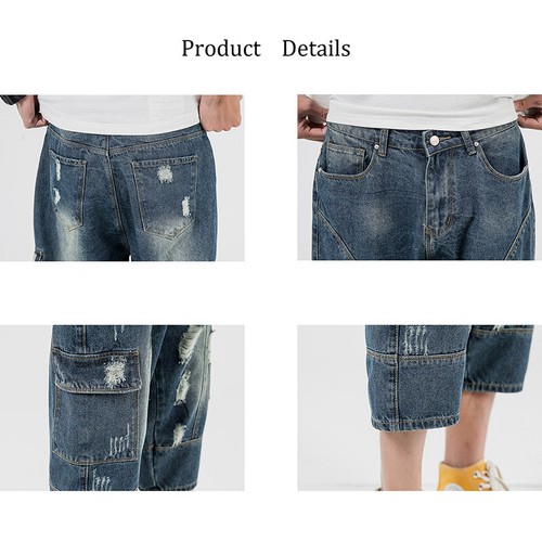 Men 3/4 Long Pants Denim Ripped Shorts Pockets Short Jeans Plus Size Vintage - Picture 7 of 11