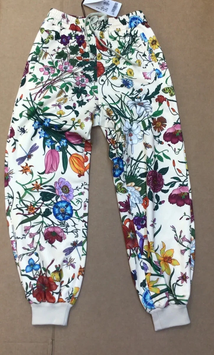 GUCCI MID RISE FLORAL PRINT COTTON BLEND TRACK PANTS IN 9381