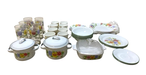 Vintage Corelle by Corning Floral Dinnerware & Enamel Cookware Set –50 Pieces