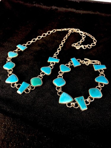 Navajo Sterling Silver Inlay Blue Turquoise Old Pawn Necklace & Bracelet 8741 - Picture 9 of 12