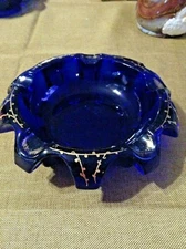 Art Deco thick cut cobalt blue glass card desk tray ashtray soap dish gold trim