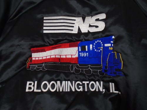 VTG Black SATIN Men Bomber Norfolk Southern Railroad Locomotive Train Jacket L - Picture 2 of 12