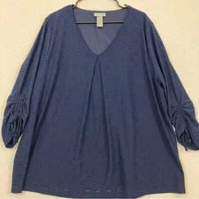 Catherines Navy Soft Stretch Eyelet Ruched Sleeve Top size 2X