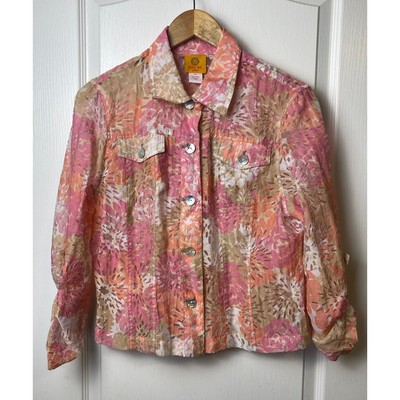 Ruby Rd. Pink Beige White Floral Cutout Roll Tab Button Top Size 14 Petite 