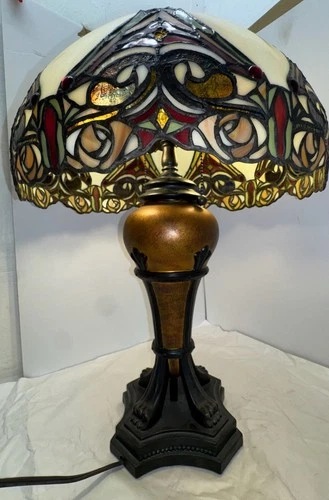 Vintage Tiffany Style Table Lamp with Stained Glass Shade