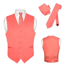 Men's Dress Vest NeckTie Hanky CORAL PINK Color Neck Tie Set for Suit or Tuxedo