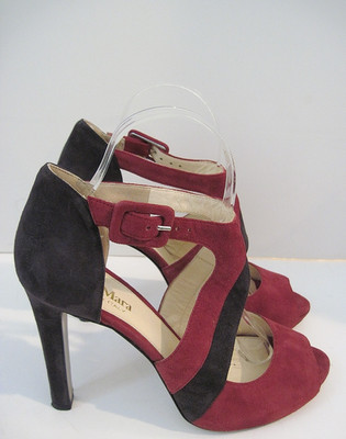 MaxMara Burgundy Black Suede Ankle Strap Pumps Stiletto Heels Size 39, Italy