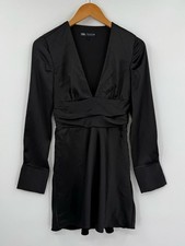 Zara Satin V-Neck Ruched Waist Mini Dress | Black | XS