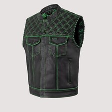 Men's Black Leather Vest Diamond Motorbike Motorcycle Concealed Green Waistcoat