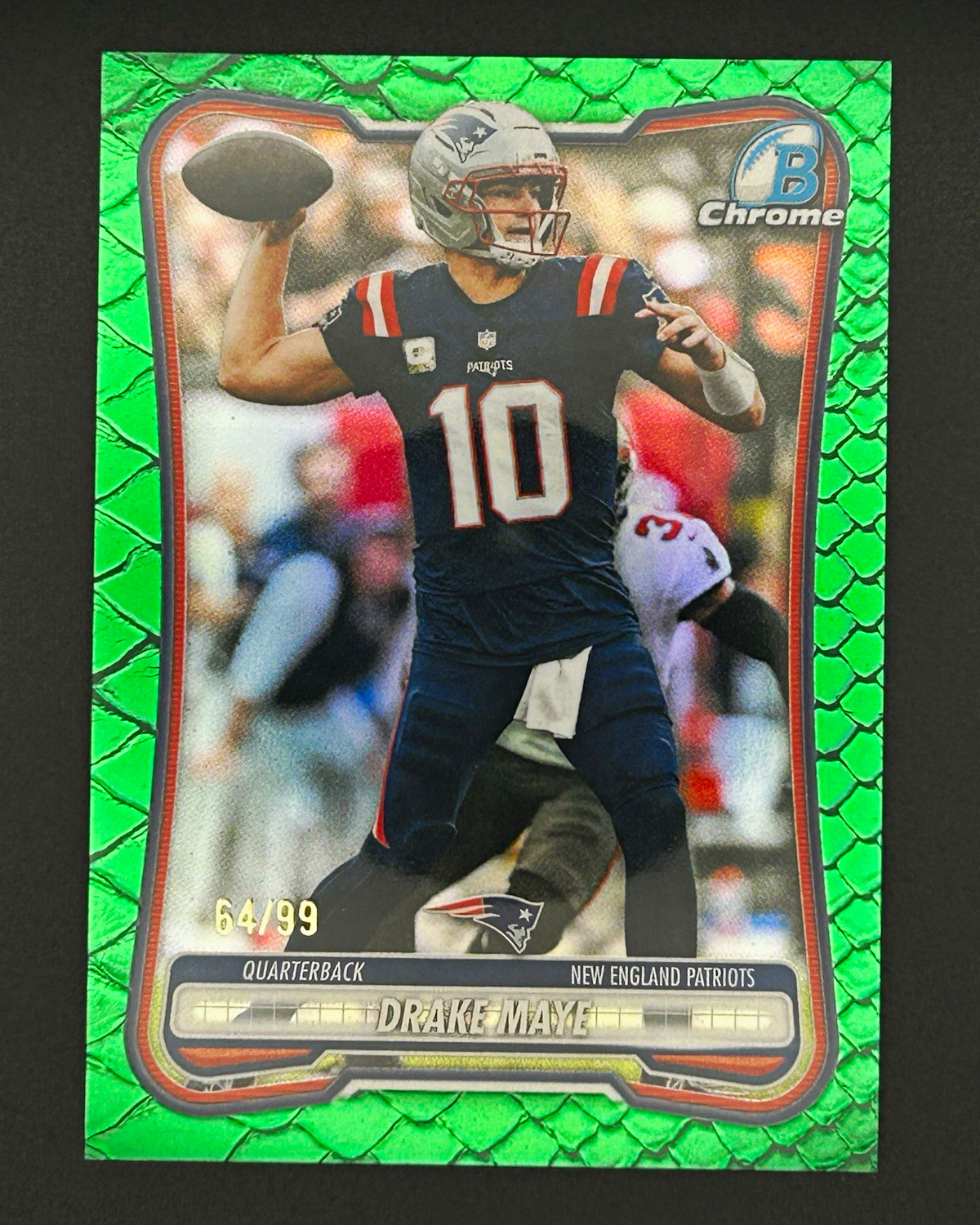 Topps Bowman Chrome 2026 Drake Maye Patriots Green /99 Reptilian Refractor