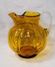Amber - hand Blown - Melon Ribbed - Ice Lip - Pitcher w/ Pontil 7.5"