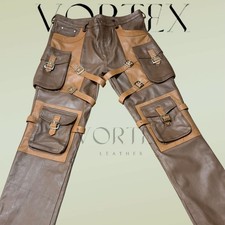 Men's Brown Two-Tone Real Lambskin Leather Cargo Pants Buckle Strap Biker Pant