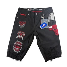 UNK NBA Chicago Bulls Black Denim Patch Distressed Shorts Mens Size 36 NEW