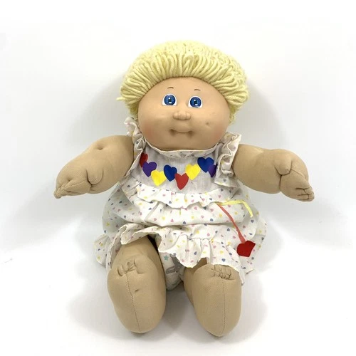 Cabbage Patch Kids Doll Short Blonde Hair Blue Eyes Hearts Dress Coleco 1985