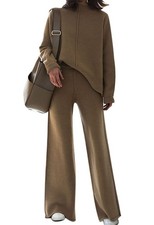 Piece Outfit For Women Knit Sweater Set Pullover Tops Wide Leg Pants Loungewe...