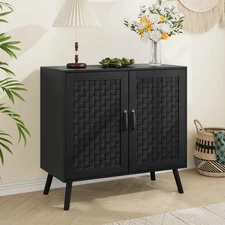Black Buffet Sideboard Cabinet, Storage Cabinet with Handmade PVC Rattan Deco...