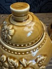 Vintage Japan Mustard Yellow Ceramic Teapot Embossed Fruit Flowers Wire Handle — photo 9