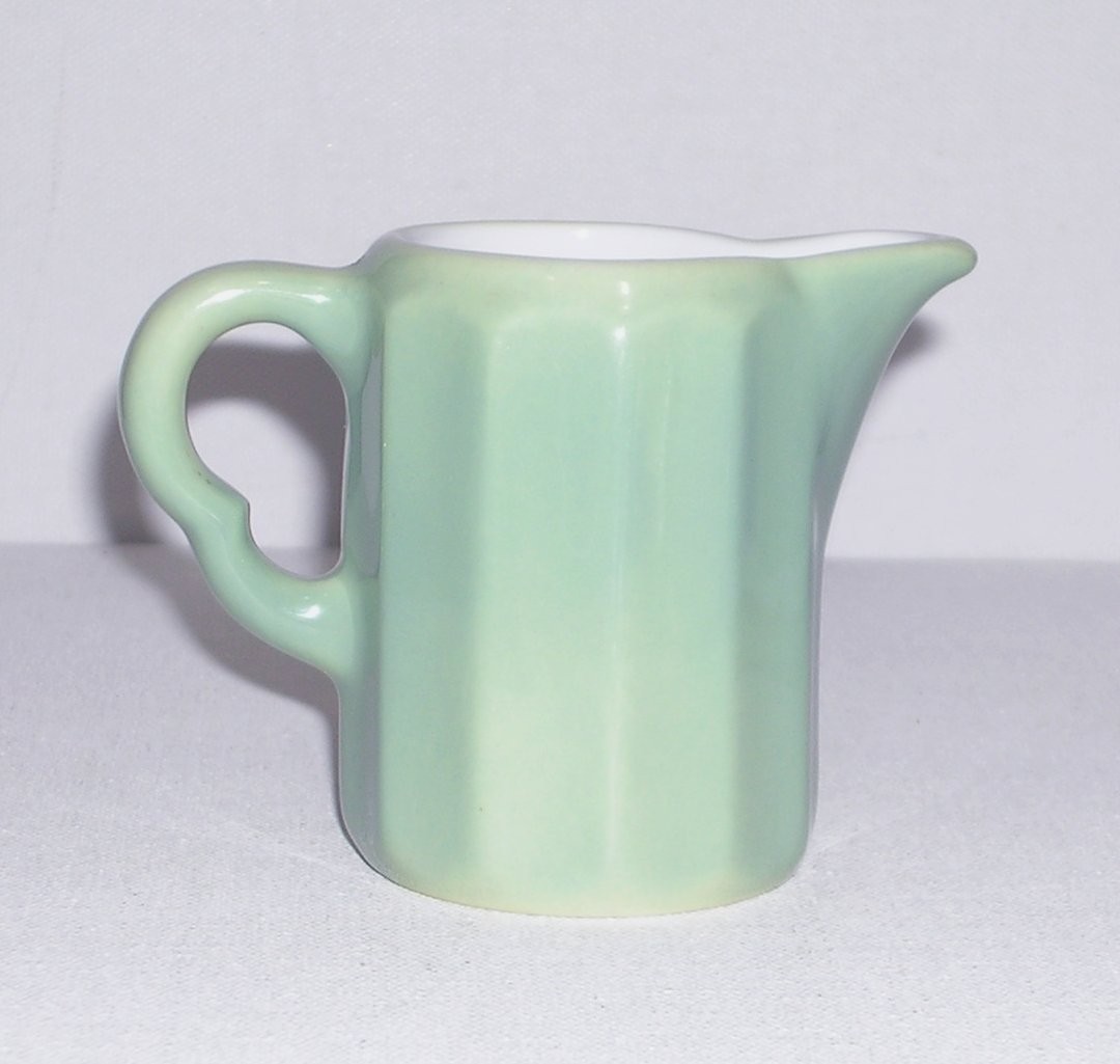 Vintage O.P. CO. Grayish Green & White Creamer Syrup Paneled Sides Shaped Handle