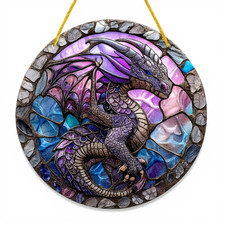 Purple Dragon Suncatcher 8" Faux Stained Glass Fantasy Gothic Window Hanging