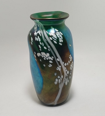 Phoenix Studios Green Art Glass Iridescent Oil Spot Vase 7'' Eric Dandurand CA