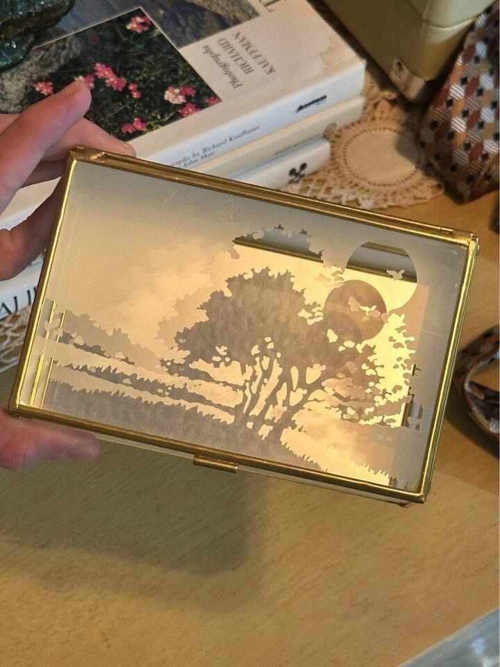 Crowning  Touch VTG Jewelry Box Mirrored Etched Glass Panel Brass Hinged Footed 