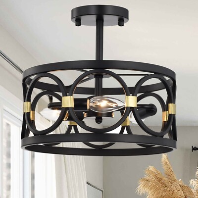 Semi Flush Mount Ceiling Light 3-light Black and Gold Chandelier Light