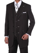 Fortino Landi Men's Gangster Pinstripe 3 Button Suit w/ Vest 5903 Black