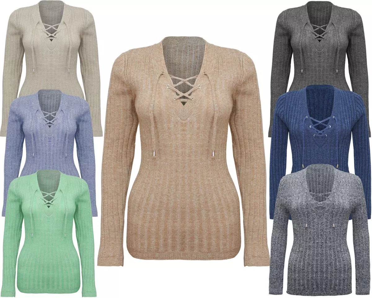 Women Ladies Knitted Tie Lace Up VNeck Ribbed Shirt Stretched