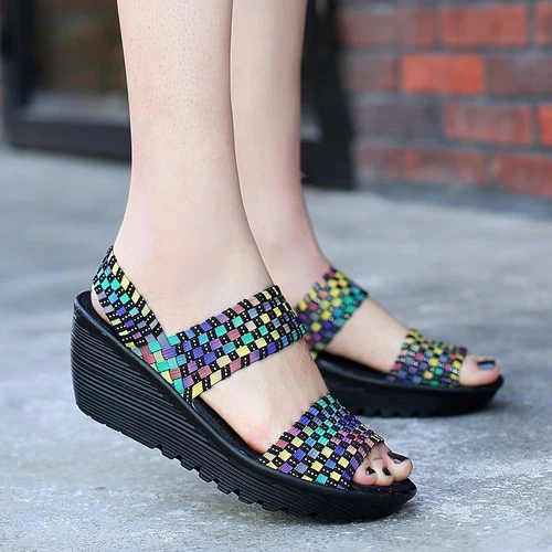 Damen-Sandale Sommer offene Peep Toe gewebt Ruhm Keilabsatz Komfort Mary Jane Schuhe - Bild 4 von 35