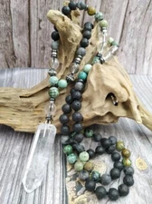 Quartz Point Pendant Turquoises Lava Beads Stone Hematite Handmade Knot Necklace