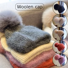 Women Winter Fox Fur Cap Pompom Ball Knitted Hat Blend Cuffed Cashmere Warm