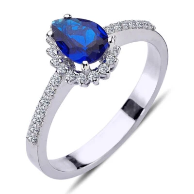 Halo Diamant Drop Saphir Entourage Ring 14 Karat Weißgold - Bild 1 von 3