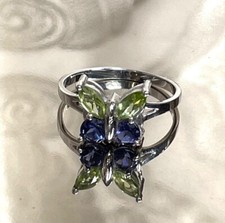 SOLID 14K WHITE GOLD BLUE GREEN GEMS BUTTERFLY RING SIZE 7