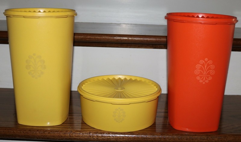 Set of 3 Vintage Tupperware Orange and Yellow Storage Containers with Lids 