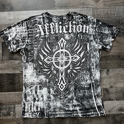 VTG Y2K Affliction All Over Print T-Shirt Adult 2XL Black White