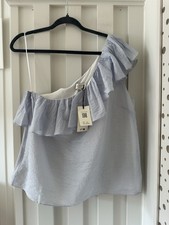 Ted Baker Striped Blue White One Shoulder Ruffle Blouse Top UK 14 TB 4 Pienza