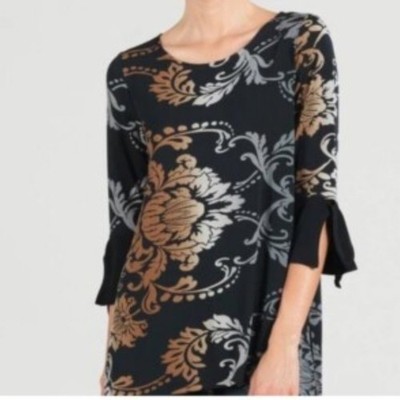 CLARA SUN WOO Plus Size 2X Black Brown Floral 3/4 Sleeve Tunic Blouse Paisley