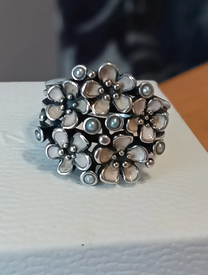 Genuine Silver Pandora Cherry Blossom Bouquet Pearl Ring 190878en40 Size 50 - Image 4 of 4