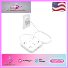 5ft Flat Plug Power Strip - 4 AC Outlets + USB Ports, Ideal for Travel & Home