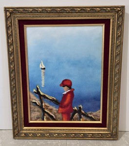 Gorgeous Porcelain Painted Tile Sailboat Child Signed Mauk Moses Gold Frame