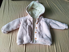 Matalan Baby Hooded Lined Knit Jacket Button Up Pink/White 3-6 Months