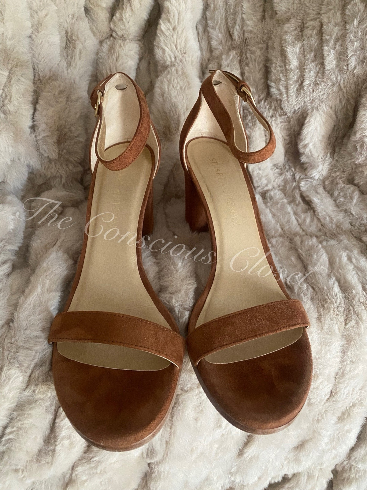 Stuart Weitzman Nudist Block 75 Heeled Ankle Sandal In Hazel Suede US 8.5 EUR 39