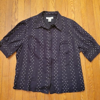 Silk Assets 2X Button Down Top Black White Clip Dot Cotton Short Sleeve Academia