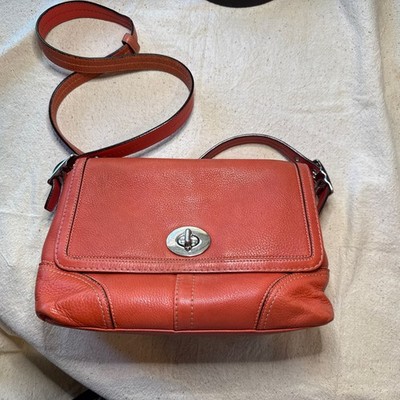 COACH Coral Orange Hampton Pebbled Leather Flap Turnlock Crossbody